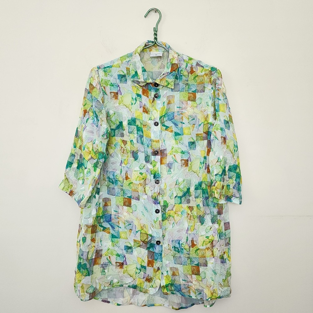 Click Color Me Cotton Womens Green Watercolor Geometric Cupro Rayon Blouse M USA